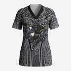 Penrith Panthers Rugby Scrub Top Polynesian Tribal Panther Warrior Black Grey Pattern