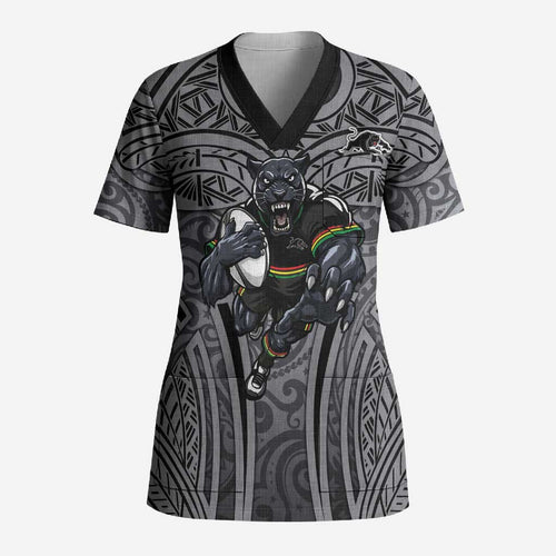 Penrith Panthers Rugby Scrub Top Polynesian Tribal Panther Warrior Black Grey Pattern