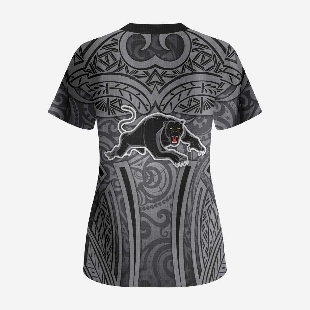 Penrith Panthers Rugby Scrub Top Polynesian Tribal Panther Warrior Black Grey Pattern