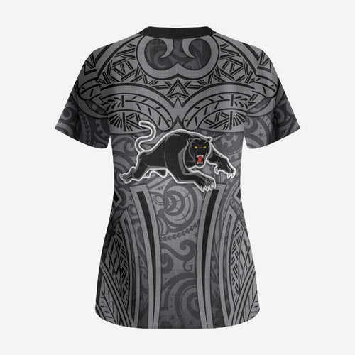 Penrith Panthers Rugby Scrub Top Polynesian Tribal Panther Warrior Black Grey Pattern