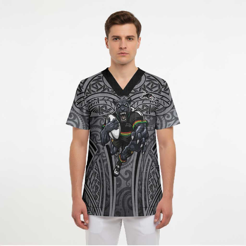 Penrith Panthers Rugby Scrub Top Polynesian Tribal Panther Warrior Black Grey Pattern