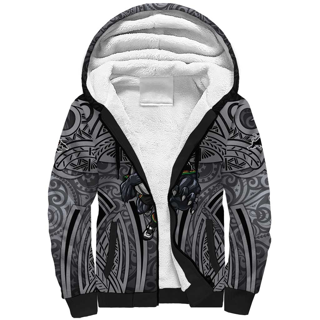 Penrith Panthers Rugby Sherpa Hoodie Polynesian Tribal Panther Warrior Black Grey Pattern