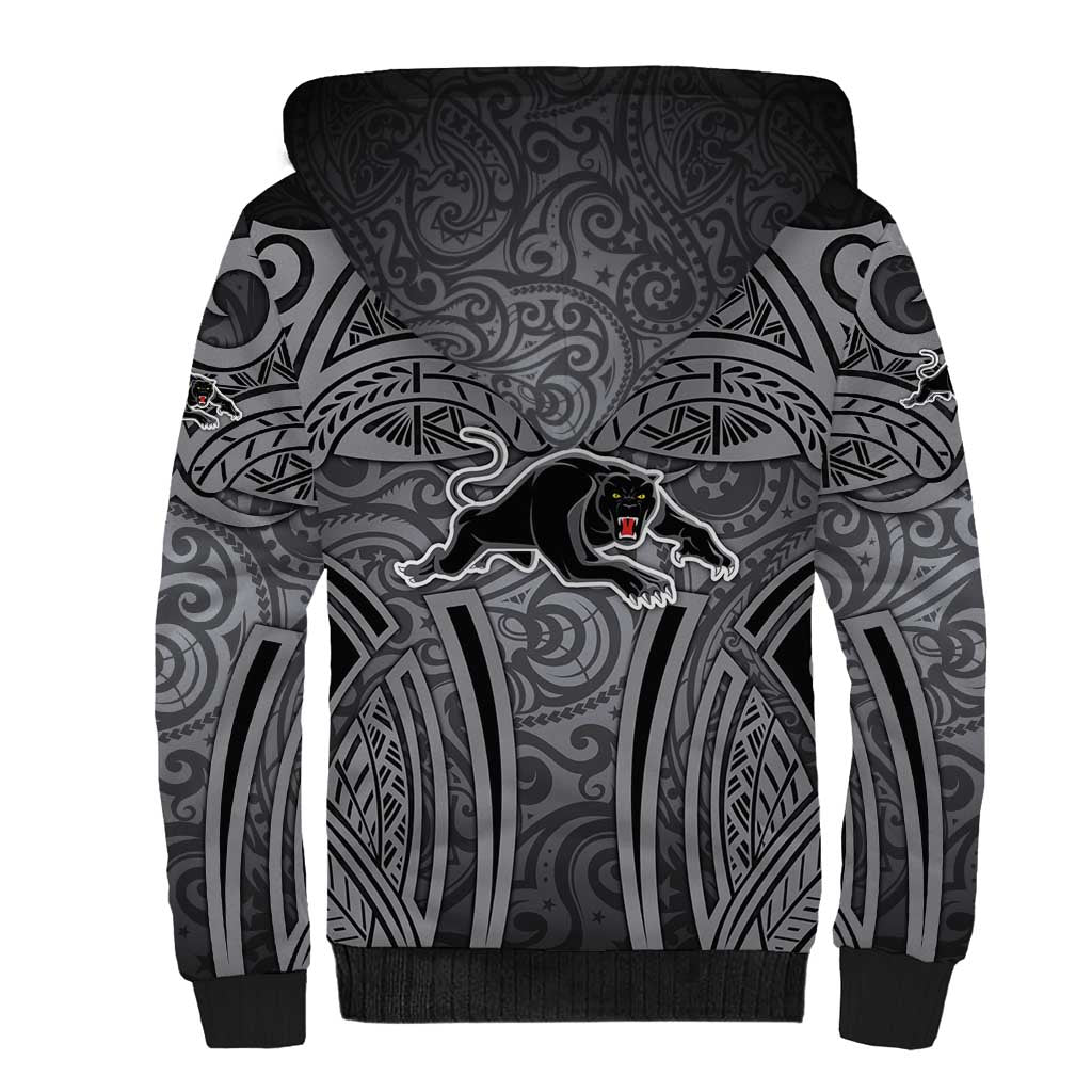 Penrith Panthers Rugby Sherpa Hoodie Polynesian Tribal Panther Warrior Black Grey Pattern