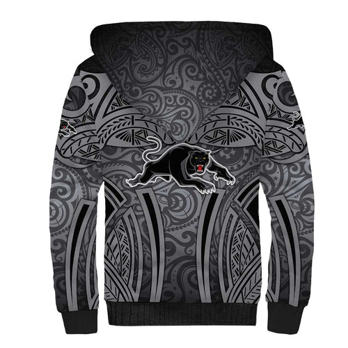 Penrith Panthers Rugby Sherpa Hoodie Polynesian Tribal Panther Warrior Black Grey Pattern