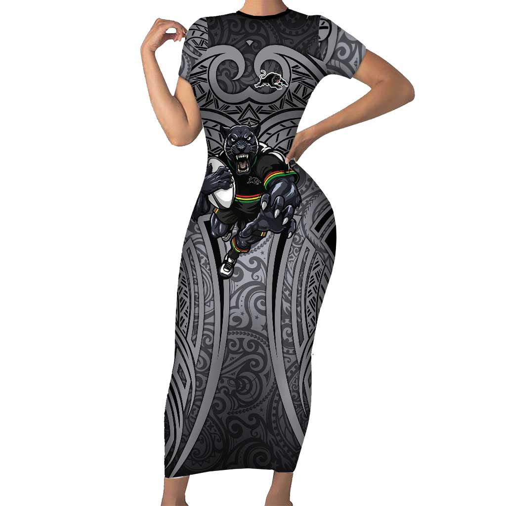 Penrith Panthers Rugby Short Sleeve Bodycon Dress Polynesian Tribal Panther Warrior Black Grey Pattern