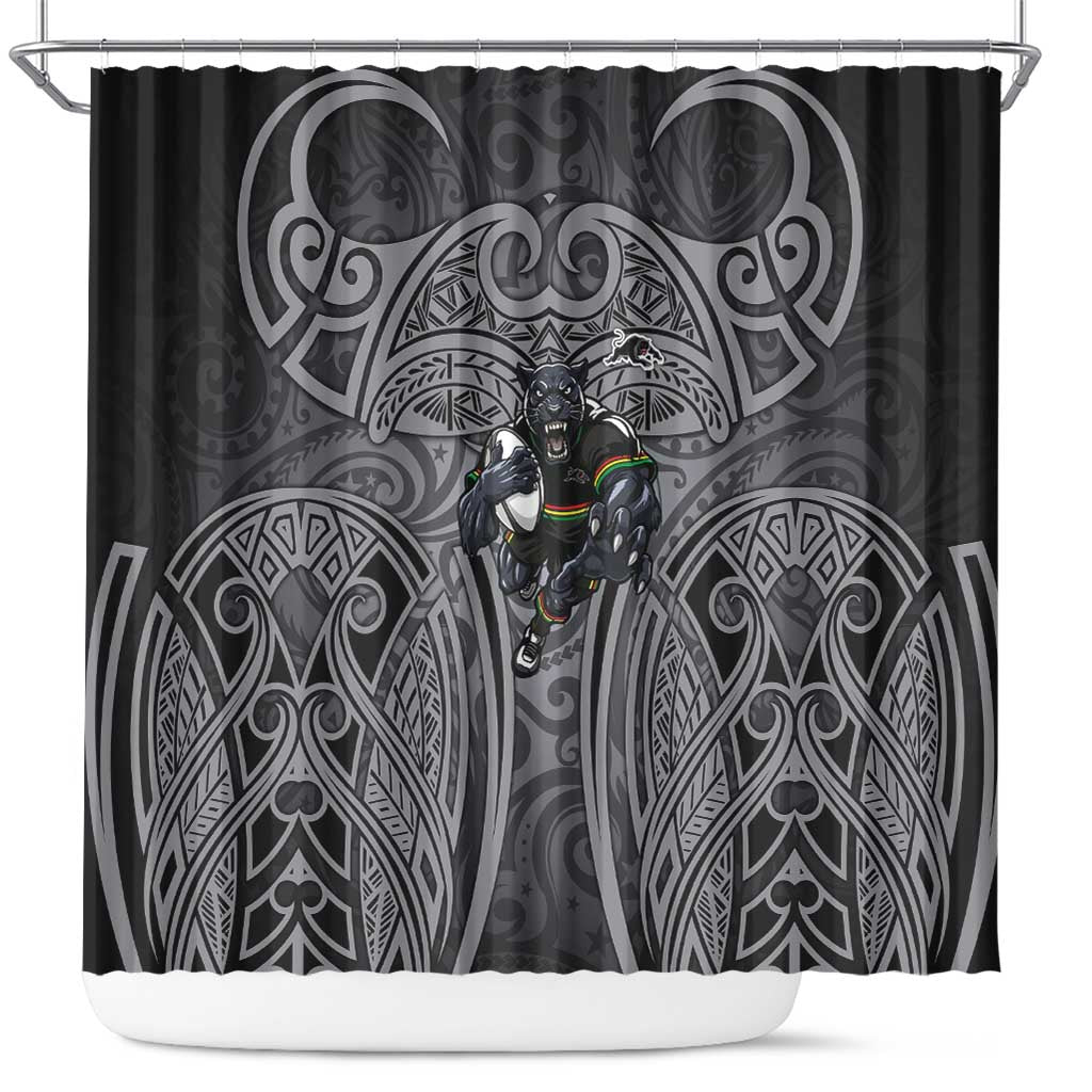 Penrith Panthers Rugby Shower Curtain Polynesian Tribal Panther Warrior Black Grey Pattern