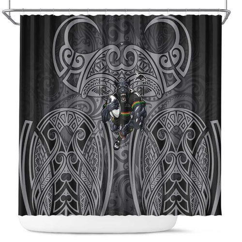Penrith Panthers Rugby Shower Curtain Polynesian Tribal Panther Warrior Black Grey Pattern