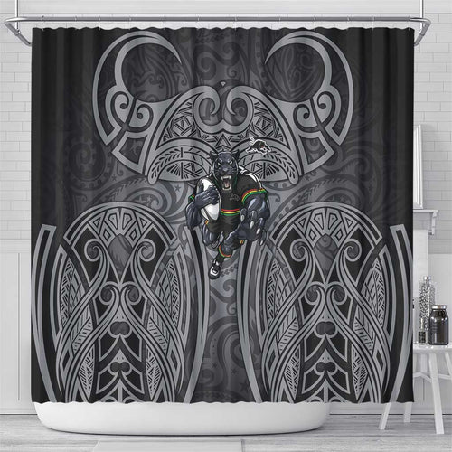 Penrith Panthers Rugby Shower Curtain Polynesian Tribal Panther Warrior Black Grey Pattern
