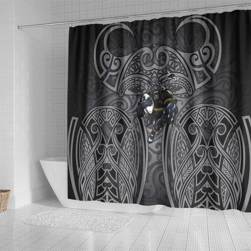 Penrith Panthers Rugby Shower Curtain Polynesian Tribal Panther Warrior Black Grey Pattern