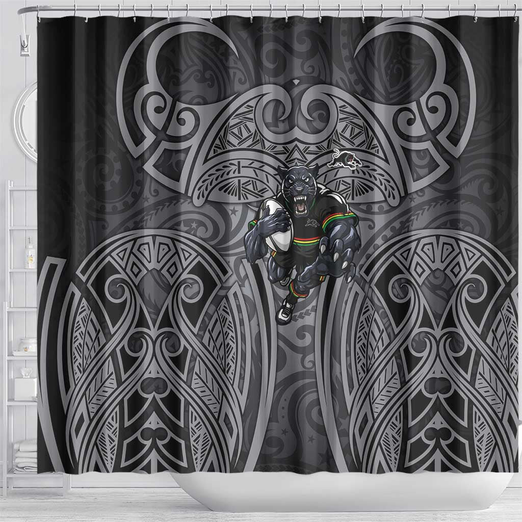 Penrith Panthers Rugby Shower Curtain Polynesian Tribal Panther Warrior Black Grey Pattern