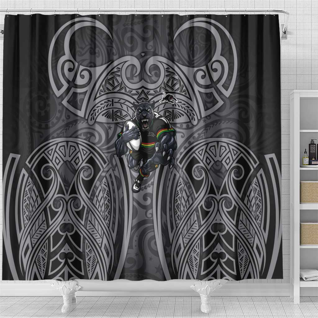 Penrith Panthers Rugby Shower Curtain Polynesian Tribal Panther Warrior Black Grey Pattern