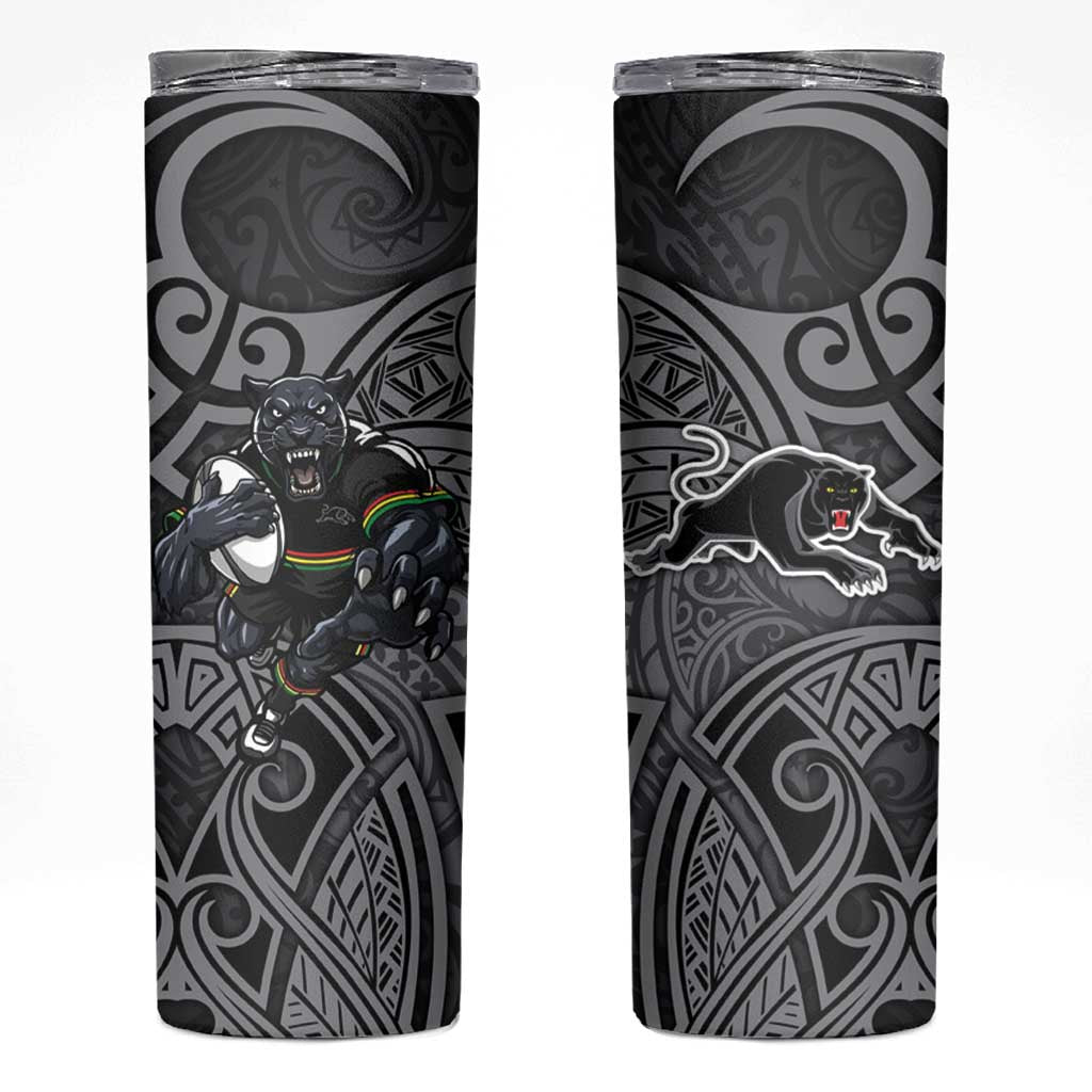 Penrith Panthers Rugby Skinny Tumbler Polynesian Tribal Panther Warrior Black Grey Pattern