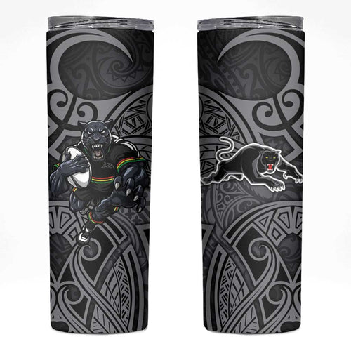 Penrith Panthers Rugby Skinny Tumbler Polynesian Tribal Panther Warrior Black Grey Pattern