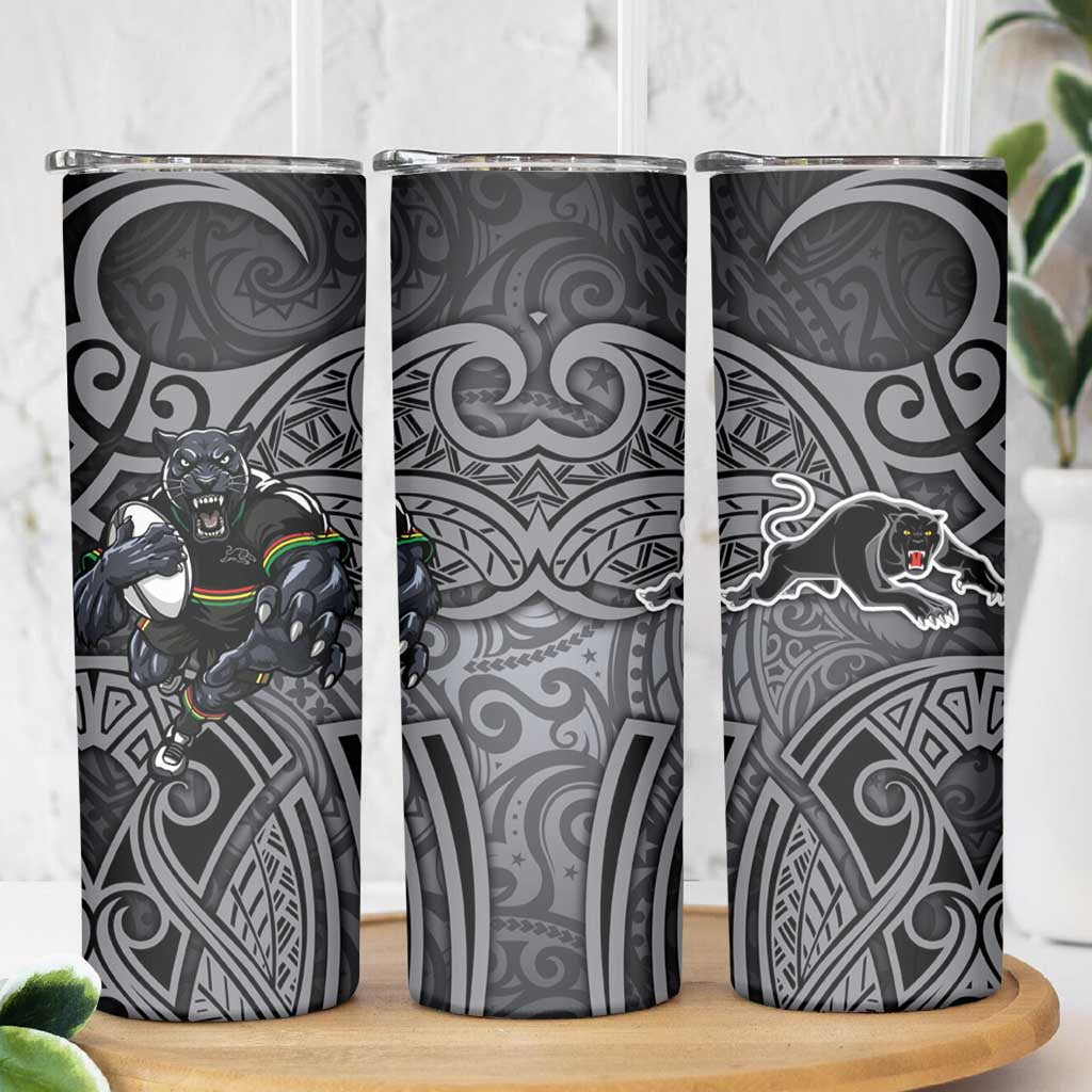 Penrith Panthers Rugby Skinny Tumbler Polynesian Tribal Panther Warrior Black Grey Pattern