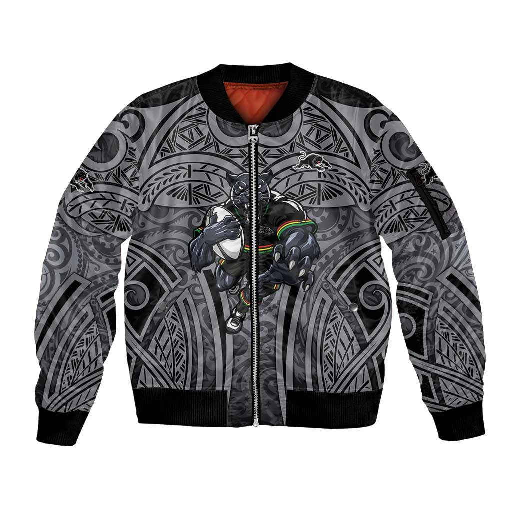Penrith Panthers Rugby Sleeve Zip Bomber Jacket Polynesian Tribal Panther Warrior Black Grey Pattern