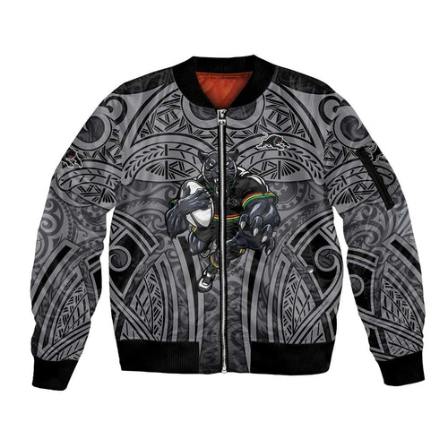 Penrith Panthers Rugby Sleeve Zip Bomber Jacket Polynesian Tribal Panther Warrior Black Grey Pattern