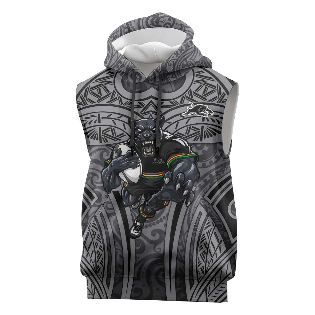 Penrith Panthers Rugby Sleeveless Hoodie Polynesian Tribal Panther Warrior Black Grey Pattern