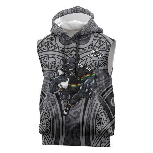 Penrith Panthers Rugby Sleeveless Hoodie Polynesian Tribal Panther Warrior Black Grey Pattern
