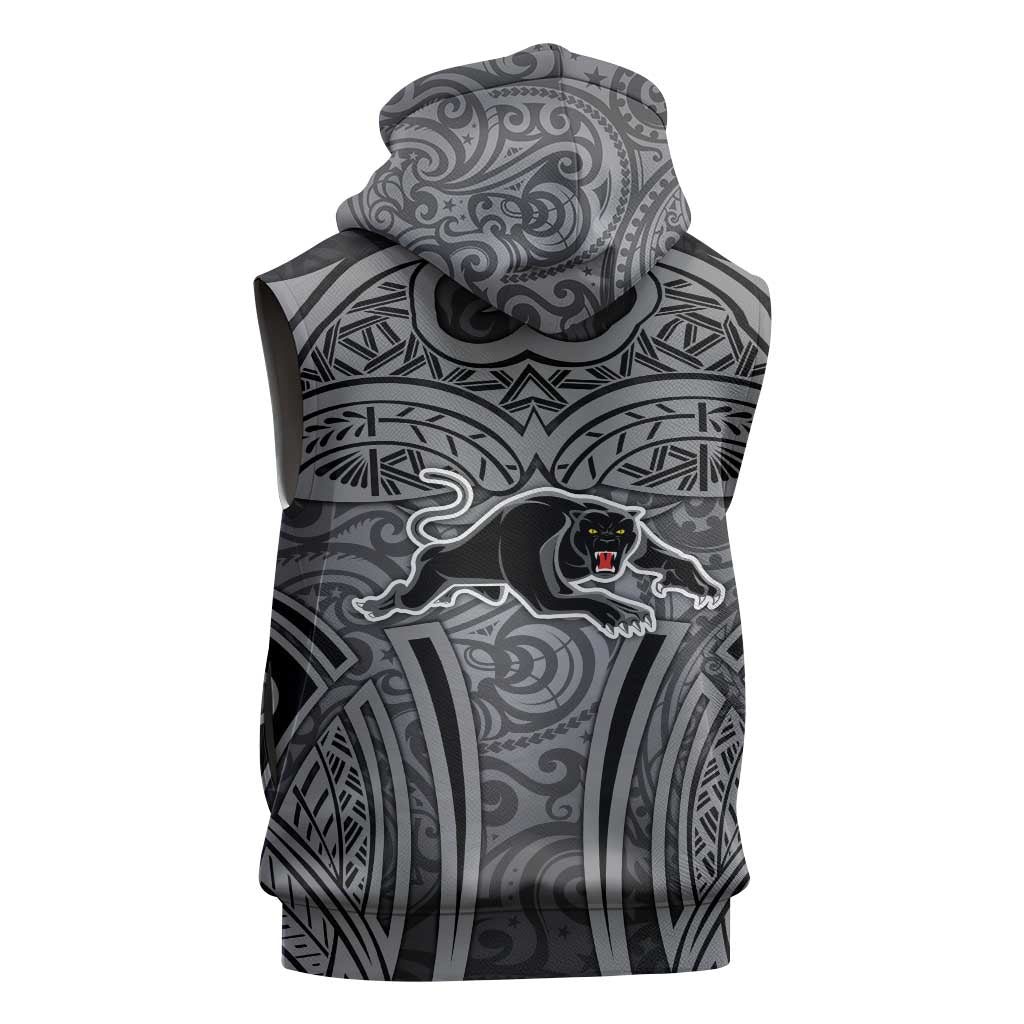 Penrith Panthers Rugby Sleeveless Hoodie Polynesian Tribal Panther Warrior Black Grey Pattern