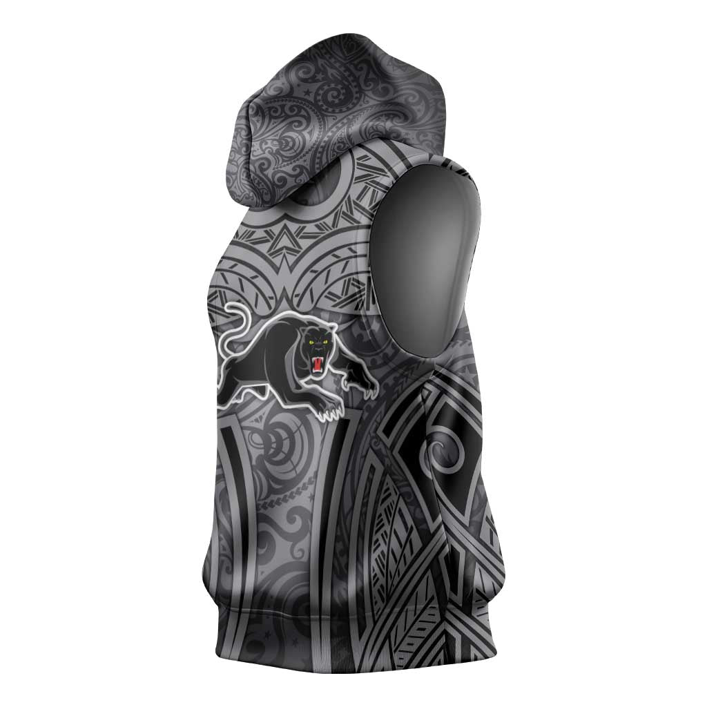 Penrith Panthers Rugby Sleeveless Hoodie Polynesian Tribal Panther Warrior Black Grey Pattern
