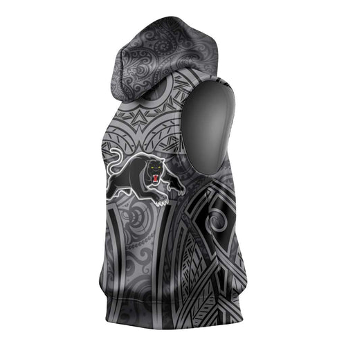 Penrith Panthers Rugby Sleeveless Hoodie Polynesian Tribal Panther Warrior Black Grey Pattern