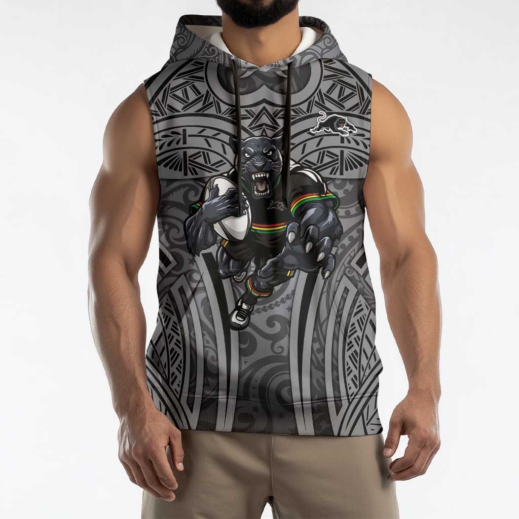 Penrith Panthers Rugby Sleeveless Hoodie Polynesian Tribal Panther Warrior Black Grey Pattern