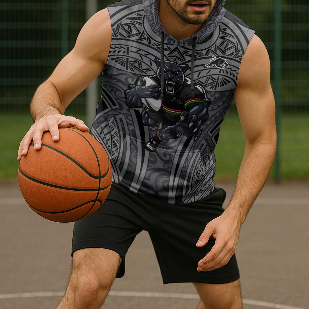 Penrith Panthers Rugby Sleeveless Hoodie Polynesian Tribal Panther Warrior Black Grey Pattern