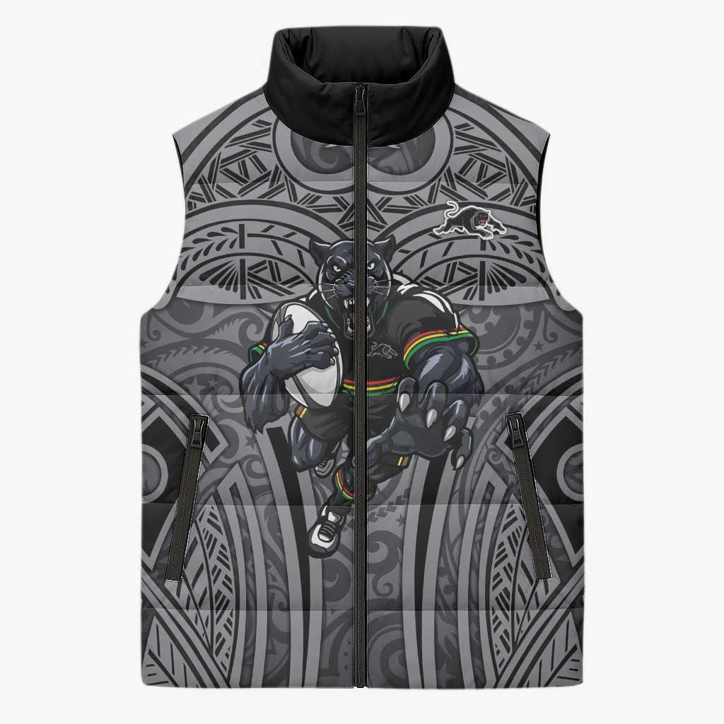 Penrith Panthers Rugby Sleeveless Puffer Jacket Polynesian Tribal Panther Warrior Black Grey Pattern