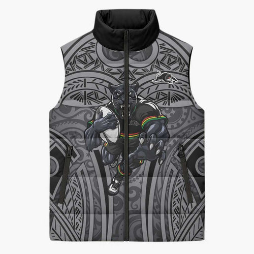 Penrith Panthers Rugby Sleeveless Puffer Jacket Polynesian Tribal Panther Warrior Black Grey Pattern