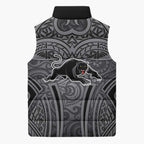 Penrith Panthers Rugby Sleeveless Puffer Jacket Polynesian Tribal Panther Warrior Black Grey Pattern