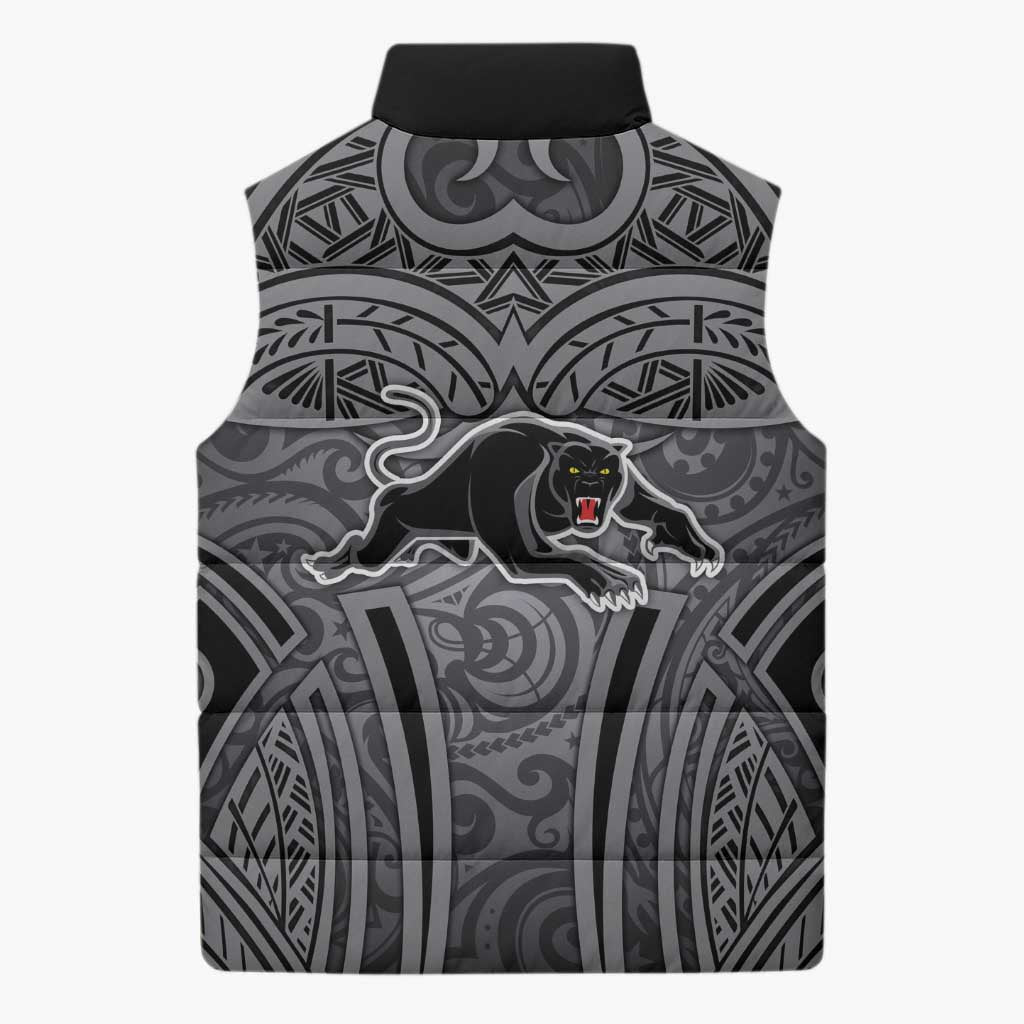 Penrith Panthers Rugby Sleeveless Puffer Jacket Polynesian Tribal Panther Warrior Black Grey Pattern