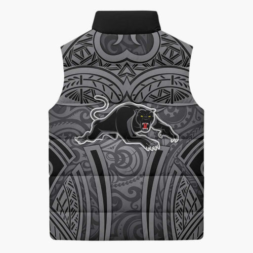 Penrith Panthers Rugby Sleeveless Puffer Jacket Polynesian Tribal Panther Warrior Black Grey Pattern