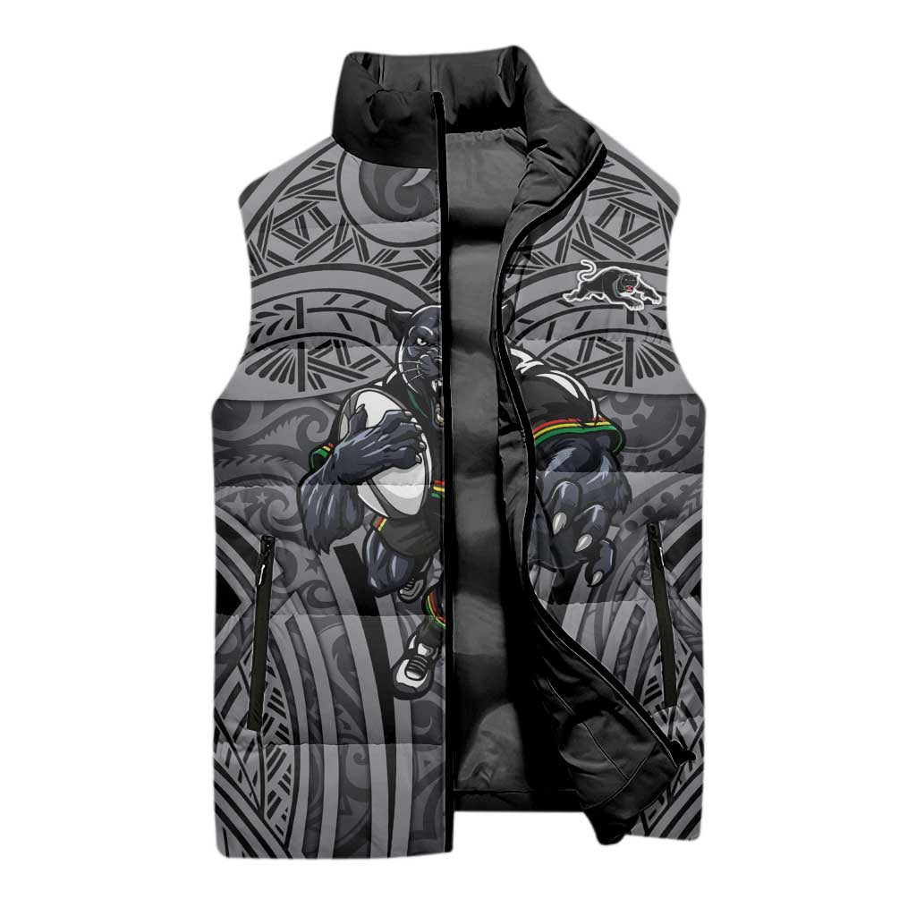Penrith Panthers Rugby Sleeveless Puffer Jacket Polynesian Tribal Panther Warrior Black Grey Pattern