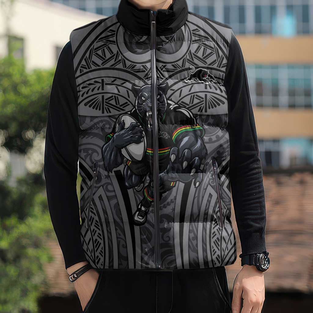 Penrith Panthers Rugby Sleeveless Puffer Jacket Polynesian Tribal Panther Warrior Black Grey Pattern