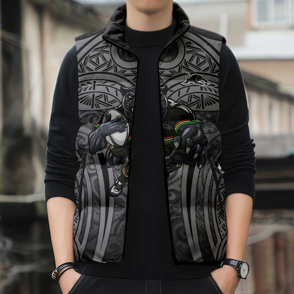 Penrith Panthers Rugby Sleeveless Puffer Jacket Polynesian Tribal Panther Warrior Black Grey Pattern