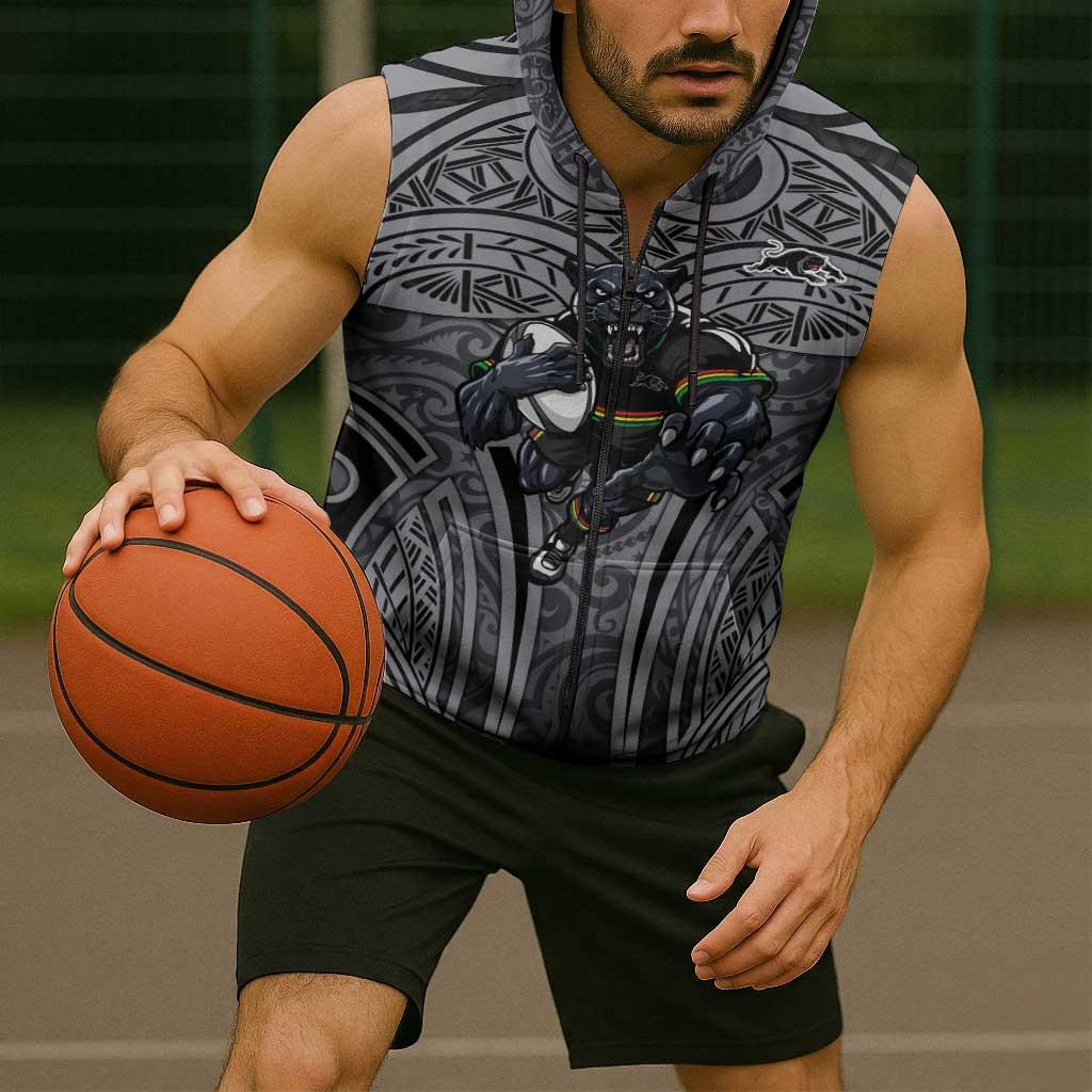 Penrith Panthers Rugby Sleeveless Zip Hoodie Polynesian Tribal Panther Warrior Black Grey Pattern