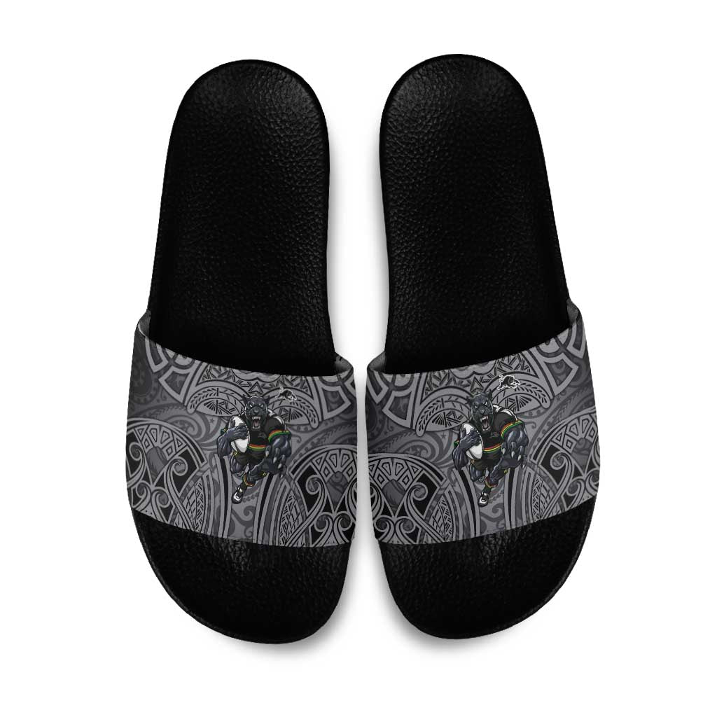 Penrith Panthers Rugby Slide Sandals Polynesian Tribal Panther Warrior Black Grey Pattern