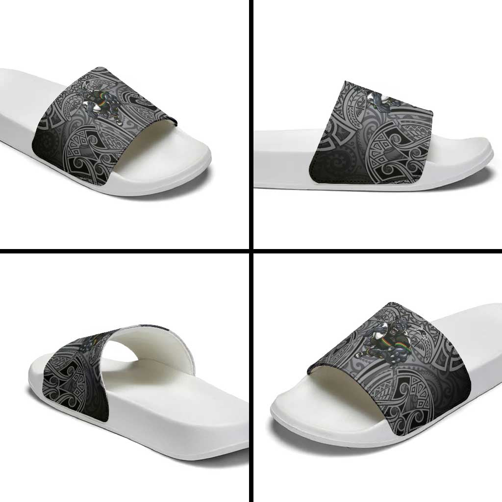 Penrith Panthers Rugby Slide Sandals Polynesian Tribal Panther Warrior Black Grey Pattern