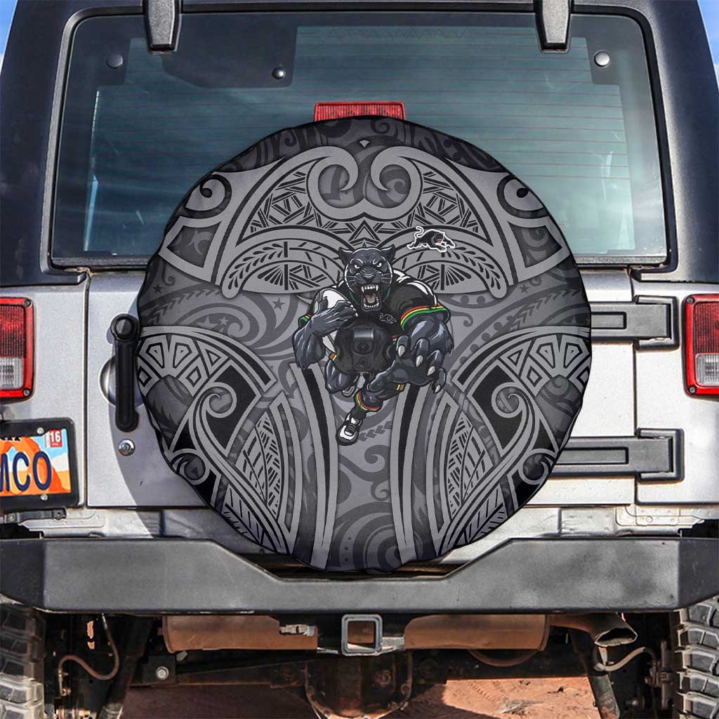 Penrith Panthers Rugby Spare Tire Cover Polynesian Tribal Panther Warrior Black Grey Pattern