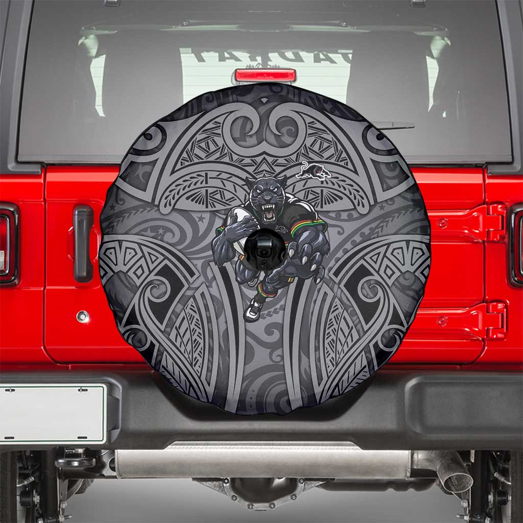 Penrith Panthers Rugby Spare Tire Cover Polynesian Tribal Panther Warrior Black Grey Pattern