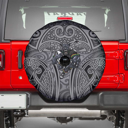 Penrith Panthers Rugby Spare Tire Cover Polynesian Tribal Panther Warrior Black Grey Pattern