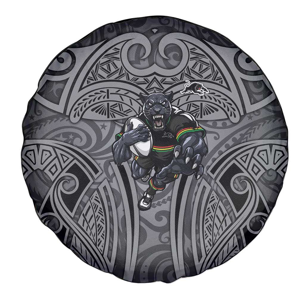 Penrith Panthers Rugby Spare Tire Cover Polynesian Tribal Panther Warrior Black Grey Pattern