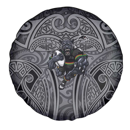 Penrith Panthers Rugby Spare Tire Cover Polynesian Tribal Panther Warrior Black Grey Pattern