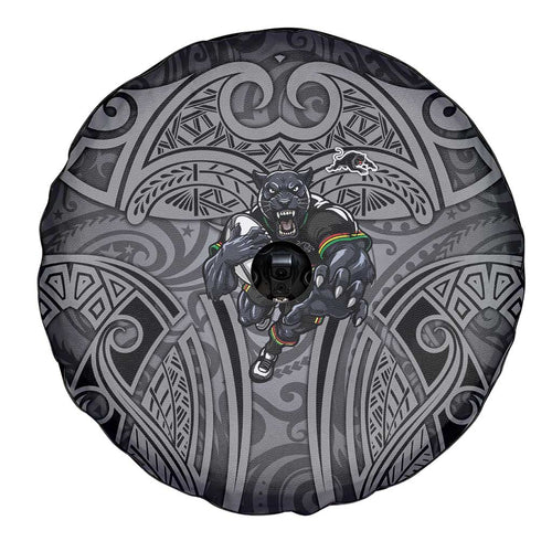 Penrith Panthers Rugby Spare Tire Cover Polynesian Tribal Panther Warrior Black Grey Pattern