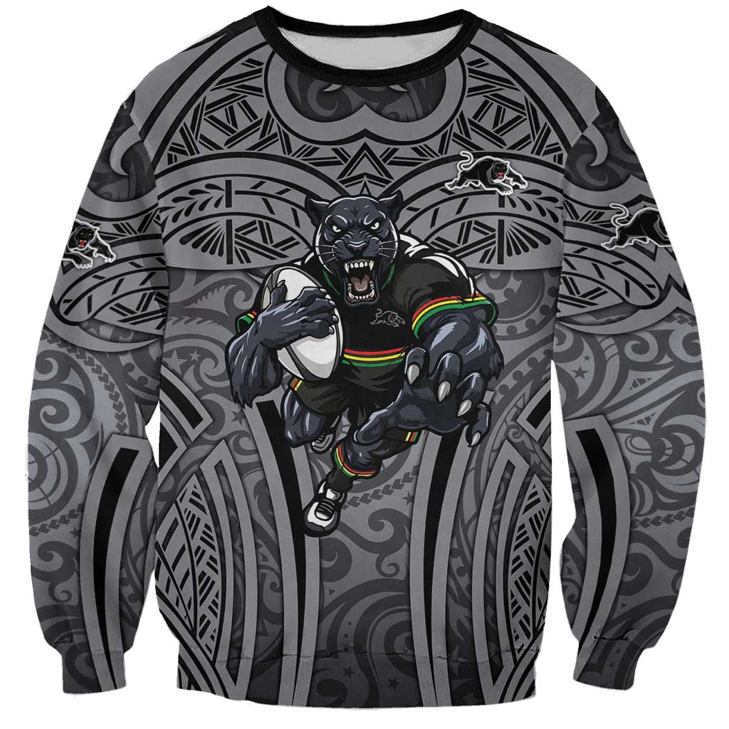 Penrith Panthers Rugby Sweatshirt Polynesian Tribal Panther Warrior Black Grey Pattern