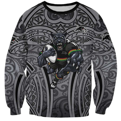 Penrith Panthers Rugby Sweatshirt Polynesian Tribal Panther Warrior Black Grey Pattern