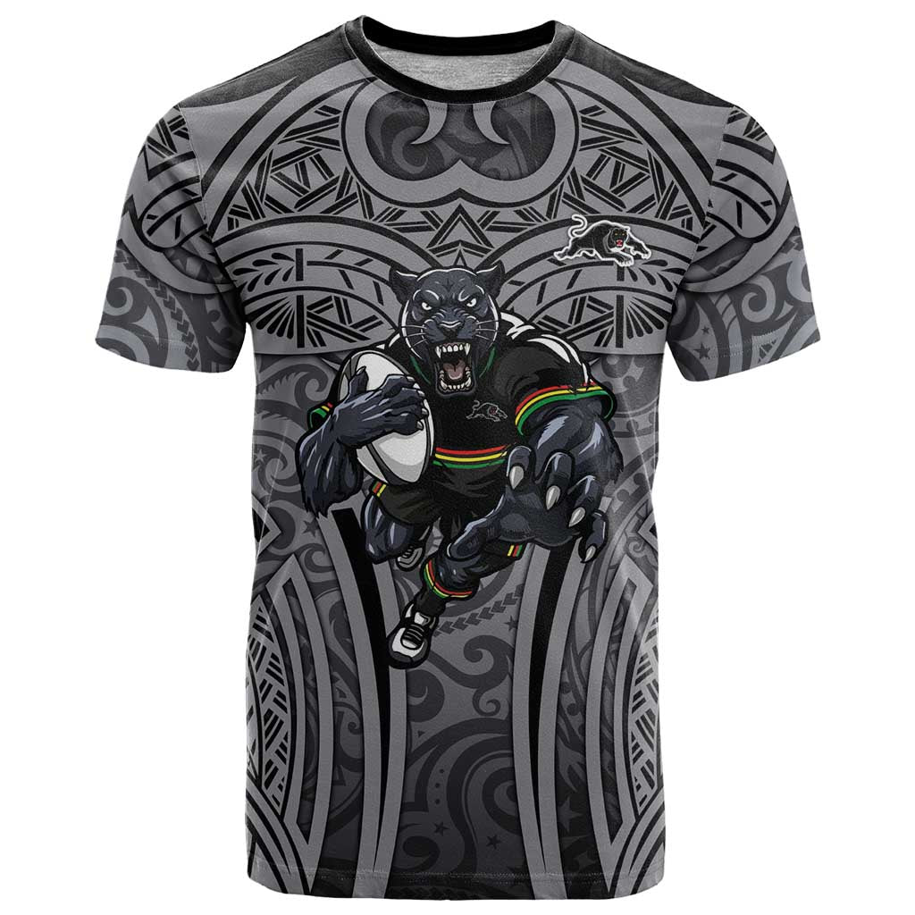 Penrith Panthers Rugby T Shirt Polynesian Tribal Panther Warrior Black Grey Pattern