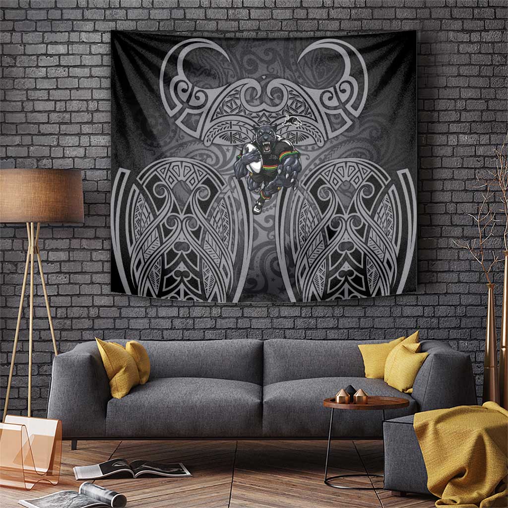 Penrith Panthers Rugby Tapestry Polynesian Tribal Panther Warrior Black Grey Pattern