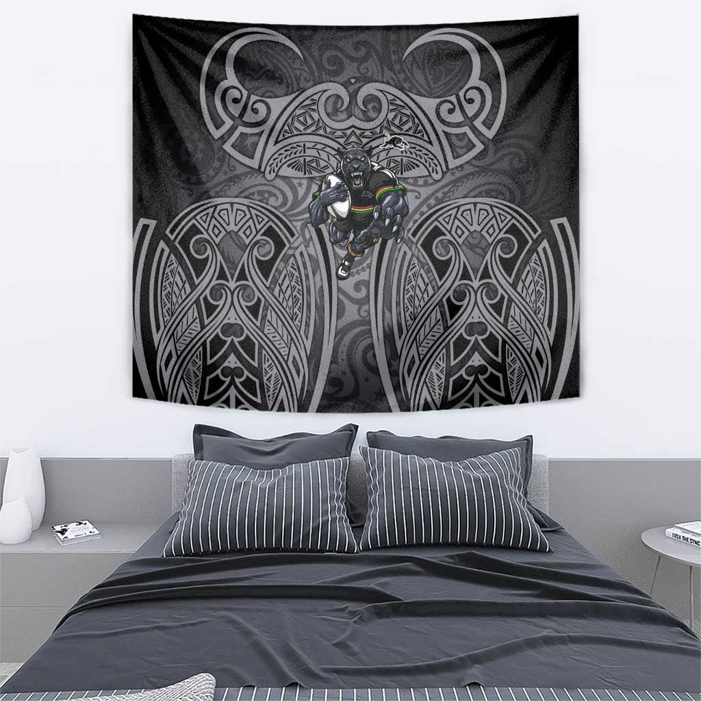Penrith Panthers Rugby Tapestry Polynesian Tribal Panther Warrior Black Grey Pattern