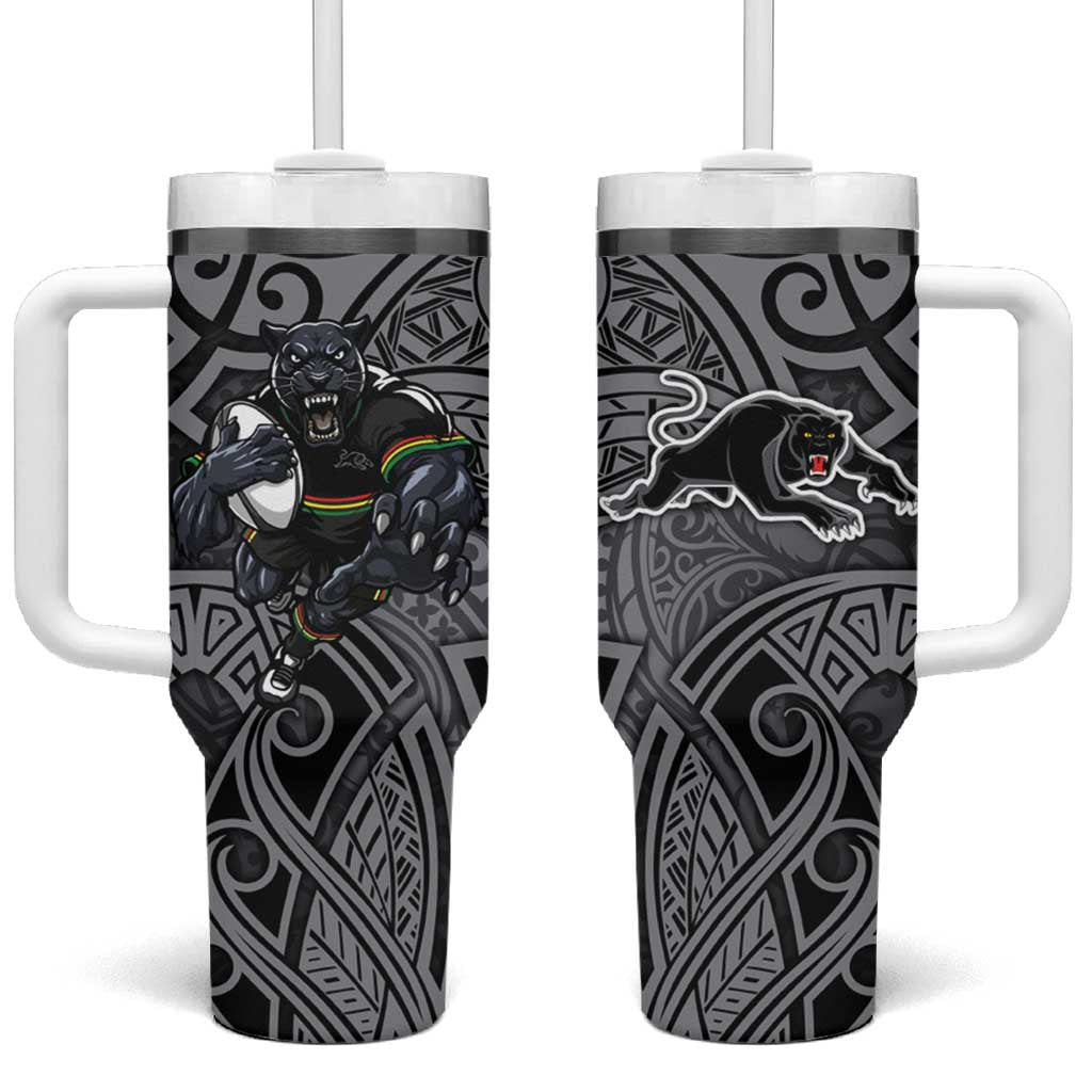 Penrith Panthers Rugby Tumbler With Handle Polynesian Tribal Panther Warrior Black Grey Pattern